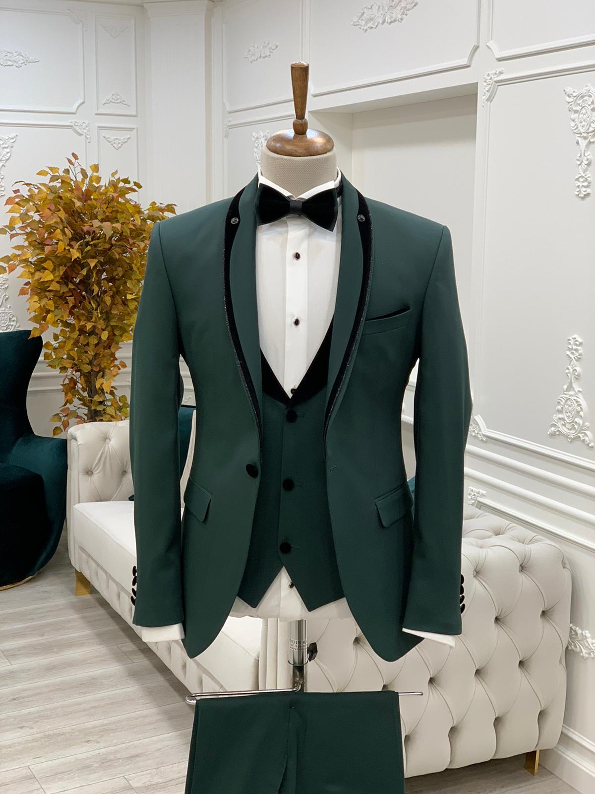 Partoni Royal Shawl Green Slim Fit Tuxedo-baagr.myshopify.com-1-BOJONI