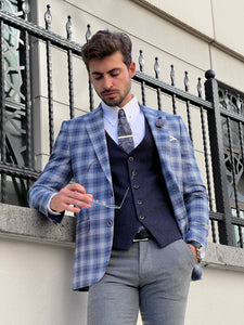 Bojoni Astoria Slim Fit Patterned Pointed Collared Light Navy Blue Plaid Suit