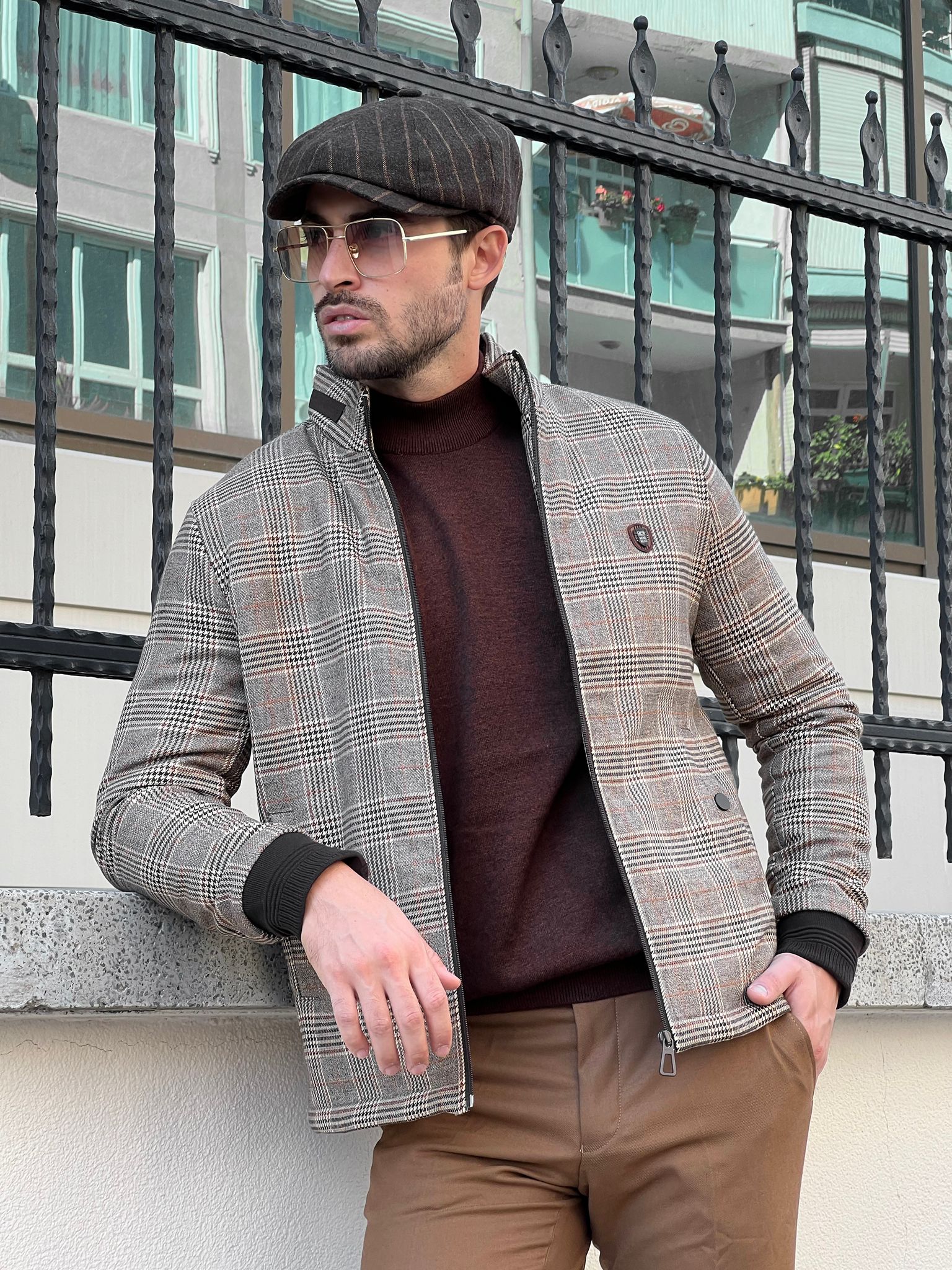 Bojoni Astoria Slim Fit Side Pocket Plaid Woolen Beige Coat