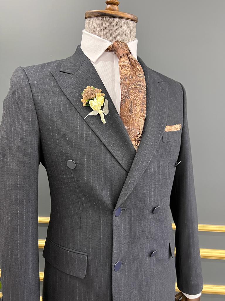 Rick Slim Fit Striped Double Breasted Blue Suit