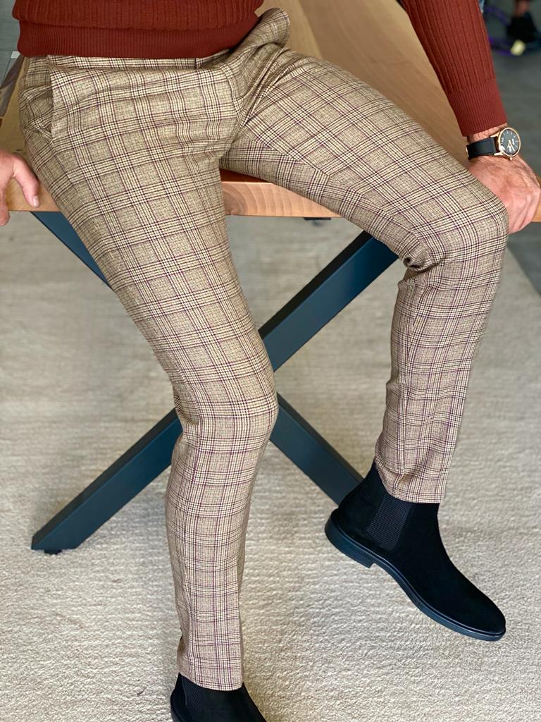 Frezo Beige Slim Fit Plaid Pants-baagr.myshopify.com-Pants-BOJONI