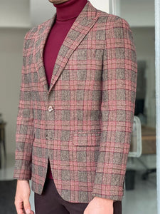 Bojo Burgundy Slim Fit Peak Lapel Wool Plaid Blazer-baagr.myshopify.com-blazers-BOJONI