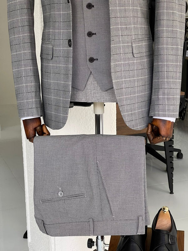 Bojo Gray Slim Fit Notch Lapel Plaid Wool Suit-baagr.myshopify.com-suit-BOJONI