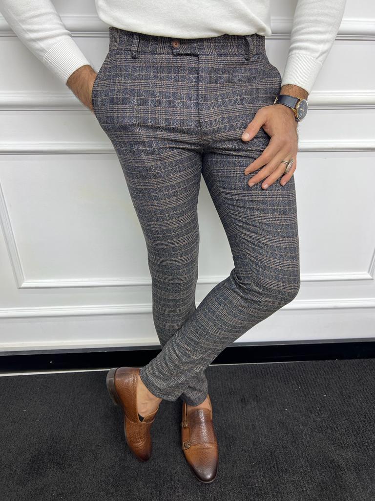 Bojoni Astoria Navy Blue Slim Fit Plaid Wool Pants