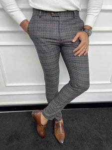 Bojoni Astoria Navy Blue Slim Fit Plaid Wool Pants