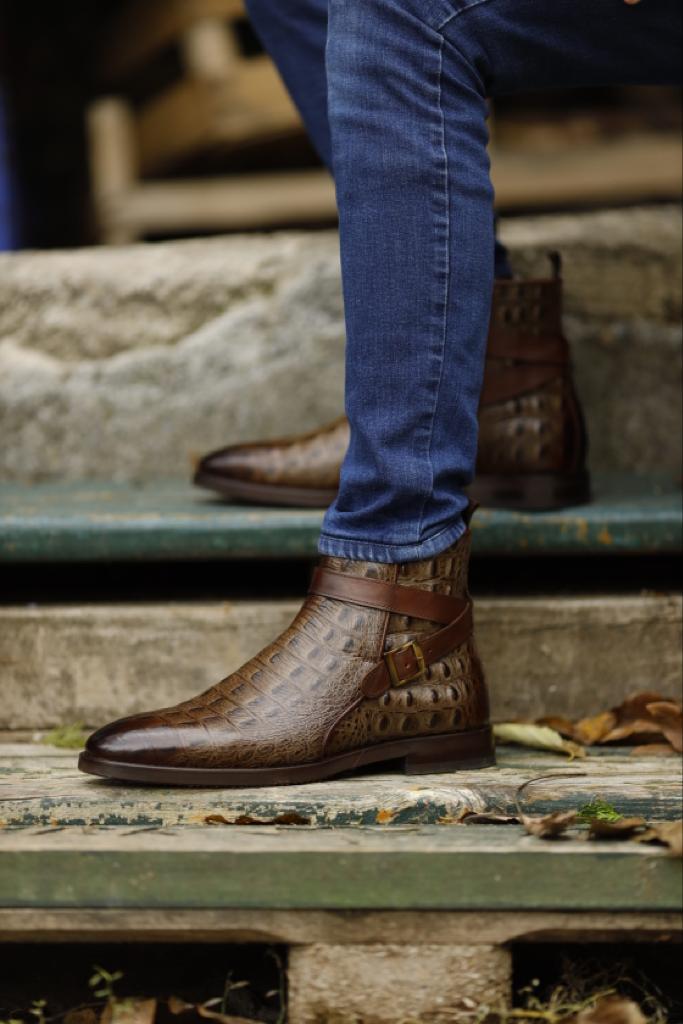 Bojoni Dover Brown Crocodile Pattern Chelsea Buckle Boots