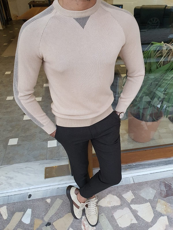 Elko Beige Slim Fit Crew Neck Sweater-baagr.myshopify.com-sweatshirts-BOJONI