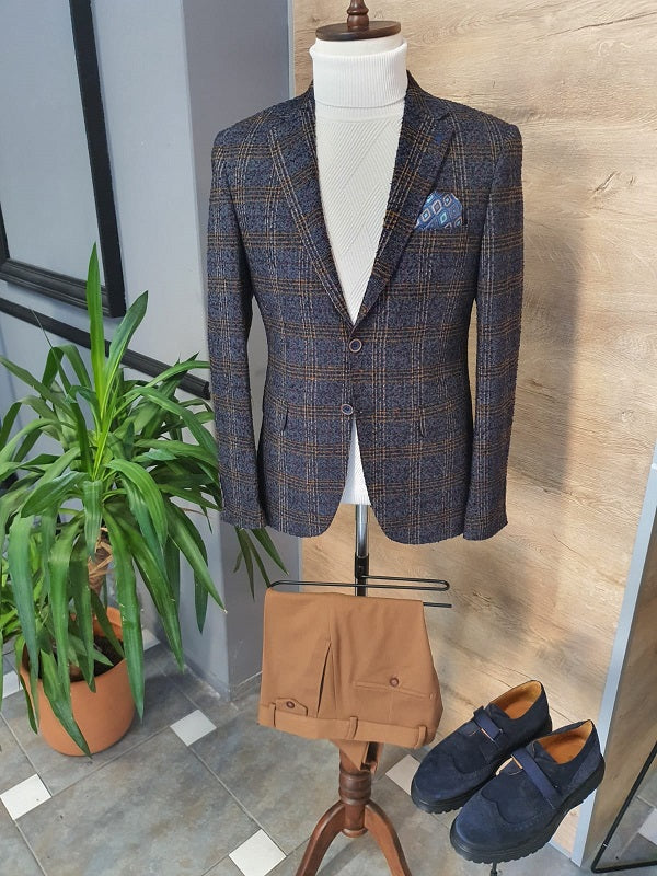 Lorelli  Blue Slim Fit Plaid Wool Blazer-baagr.myshopify.com-blazers-BOJONI