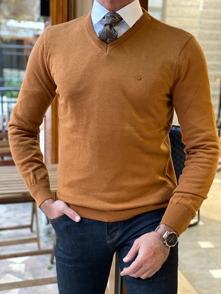 Bojoni Turino Camel Slim Fit V-Neck Sweater-baagr.myshopify.com-sweatshirts-BOJONI