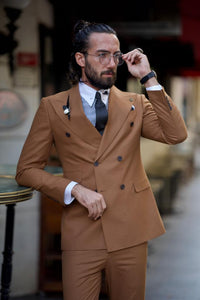 Bojoni Diamond Shagori Rust Brown Slim Fit Double Breasted Suit