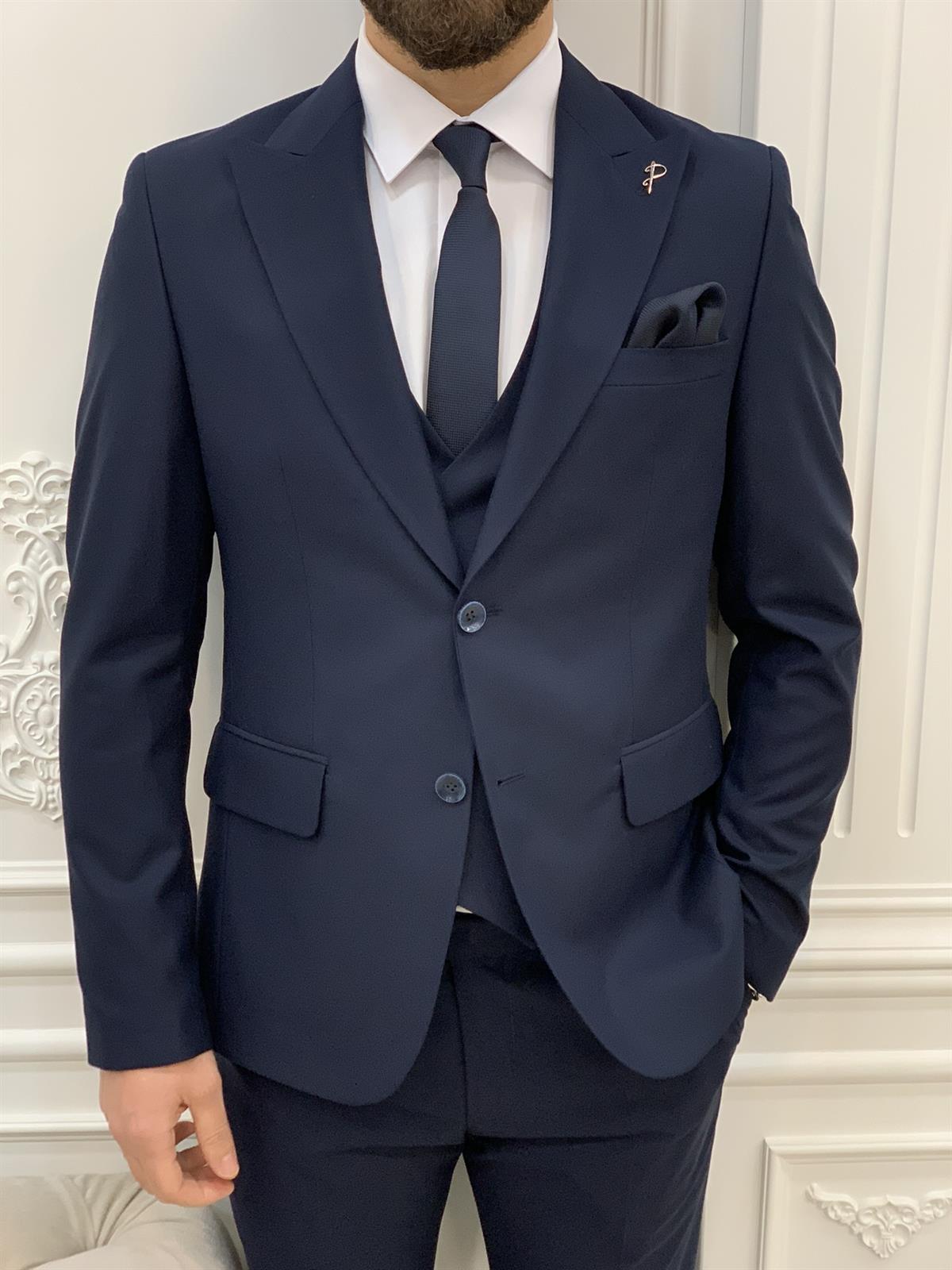 Shagori Navy Blue Slim Fit Peak Lapel Suit