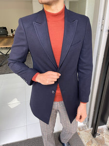 Bojo Navy Blue Slim Fit Single Breasted Wool Long Coat-baagr.myshopify.com-Jacket-BOJONI