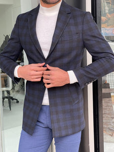 Clemson Navy Blue Slim Fit Plaid Wool Long Coat-baagr.myshopify.com-Jacket-brabion