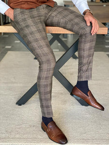 Frezo Beige Slim Fit Plaid Cotton Pants-baagr.myshopify.com-Pants-BOJONI