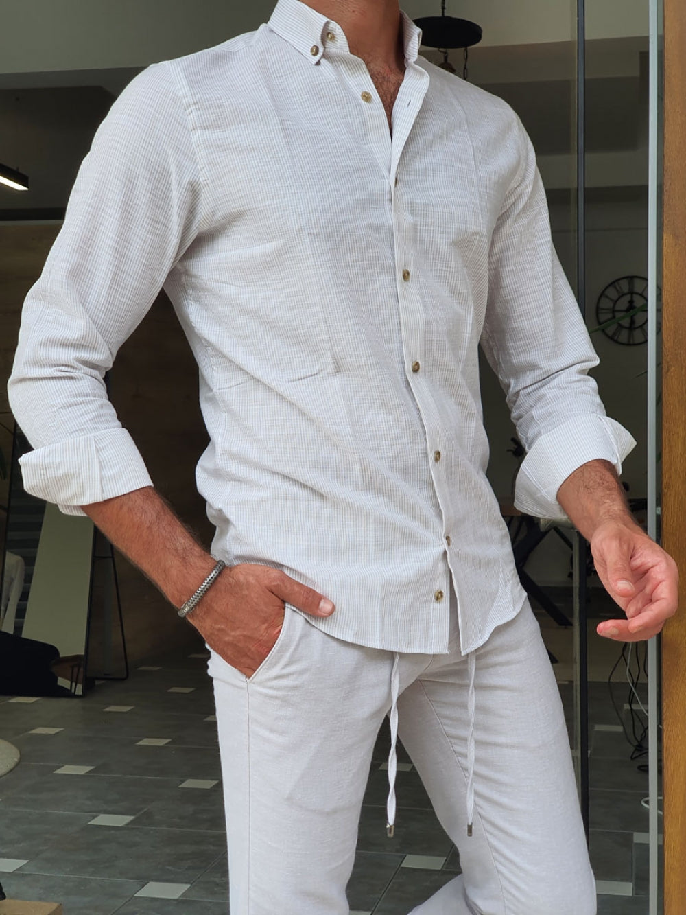 Major Beige Slim Fit Striped Linen Shirt-baagr.myshopify.com-Shirt-BOJONI