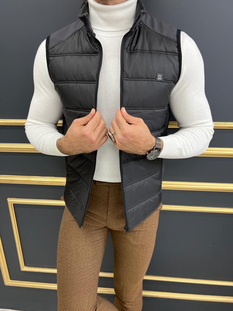 Bojoni Shagori  Slim Fit Zippered Black Vest