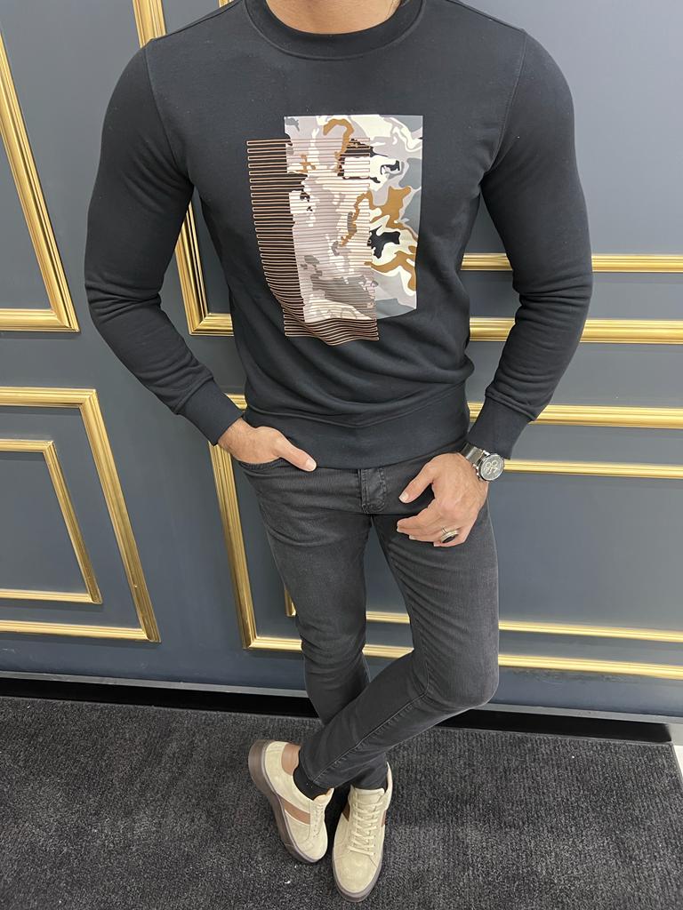 Rick Slim Fit Printed Crew Neck Black Sweater