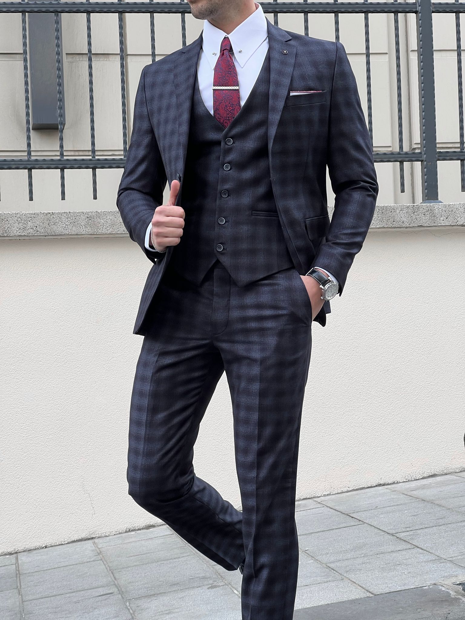 Louis Slim Fit Black & Navy Business Plaid Suit