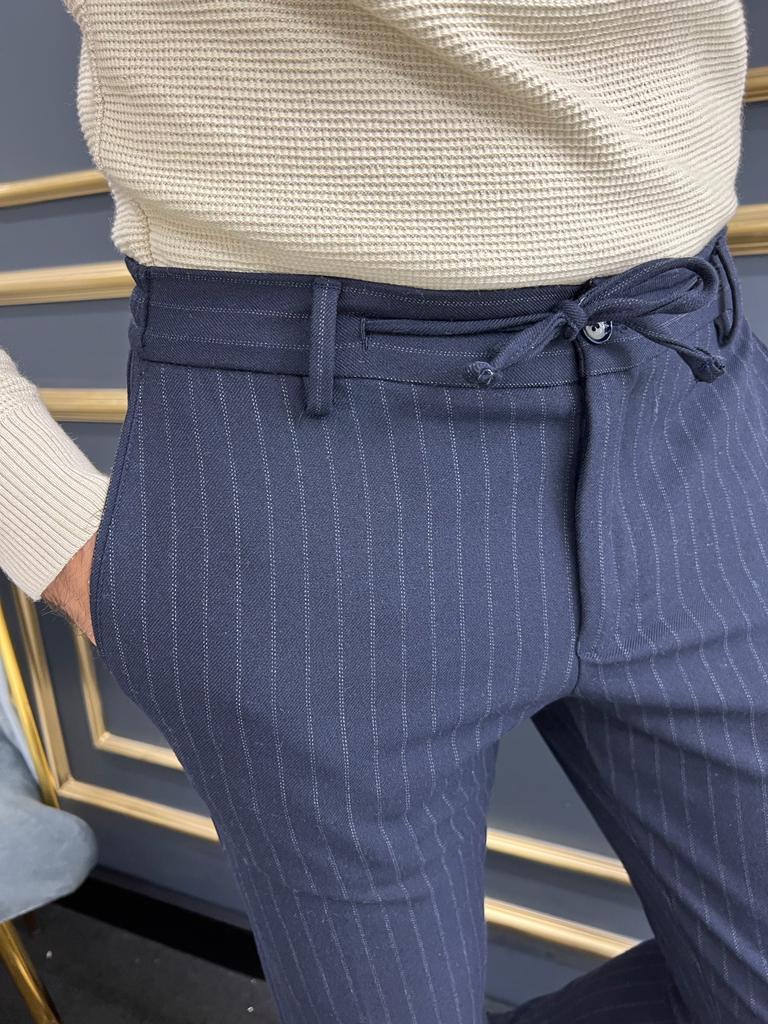 Thread Slim Fit Rope Detailed Dark Blue Stripe Trousers