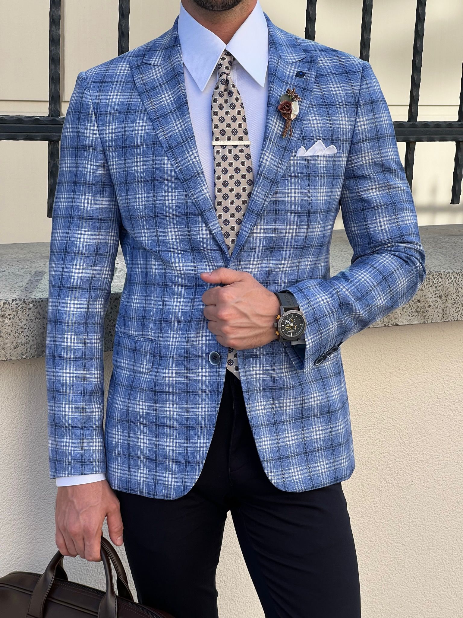 Bojoni Astoria Slim Fit High Quality Mono Collar Blue Plaid Woolen Blazer