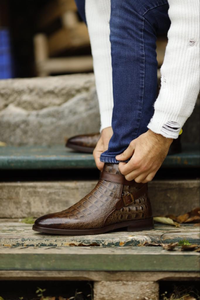 Bojoni Dover Brown Crocodile Pattern Chelsea Buckle Boots