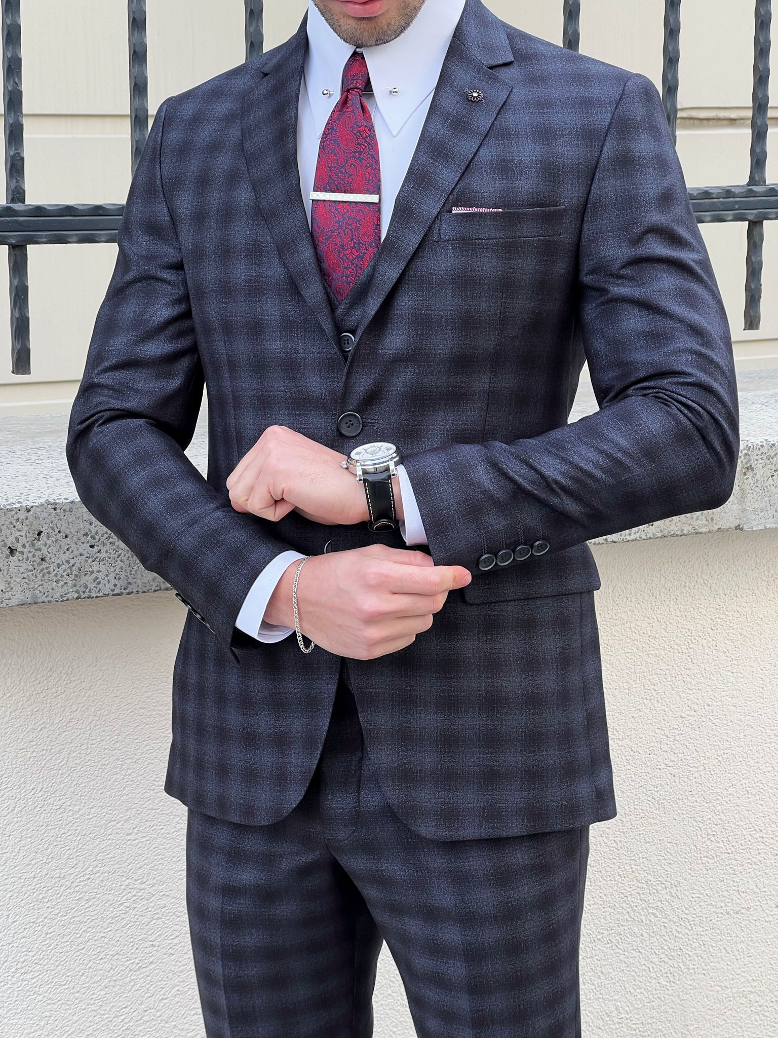 Louis Slim Fit Black & Navy Business Plaid Suit