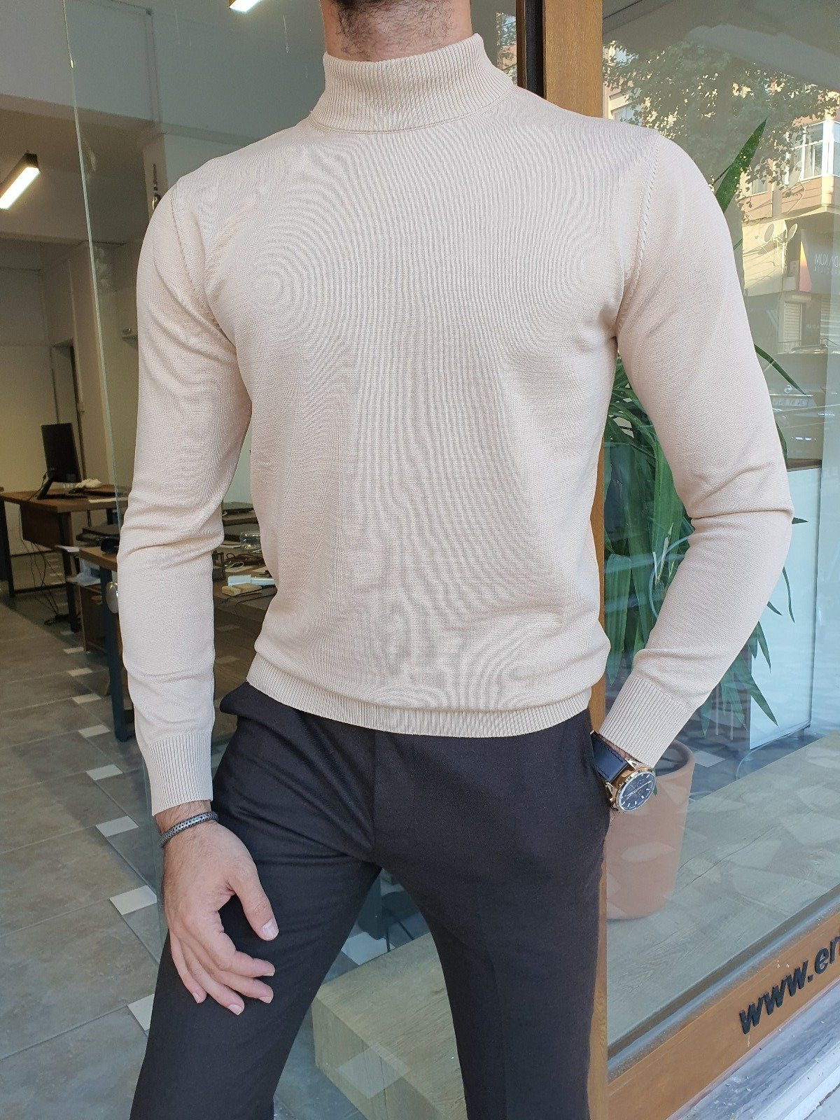 Bojo Slim Fit Long Sleeve Beige Turtleneck-baagr.myshopify.com-sweatshirts-BOJONI