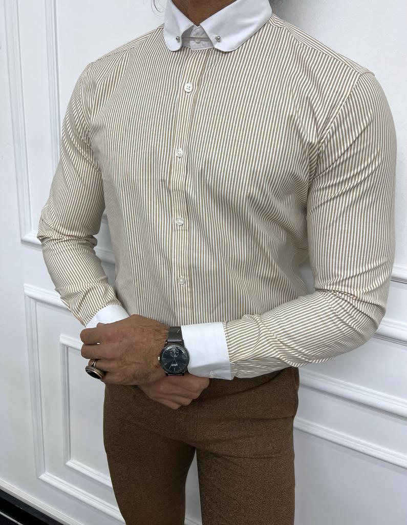 Leon Slim Fit Baby Collared Beige Striped Shirt