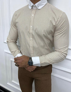 Leon Slim Fit Baby Collared Beige Striped Shirt