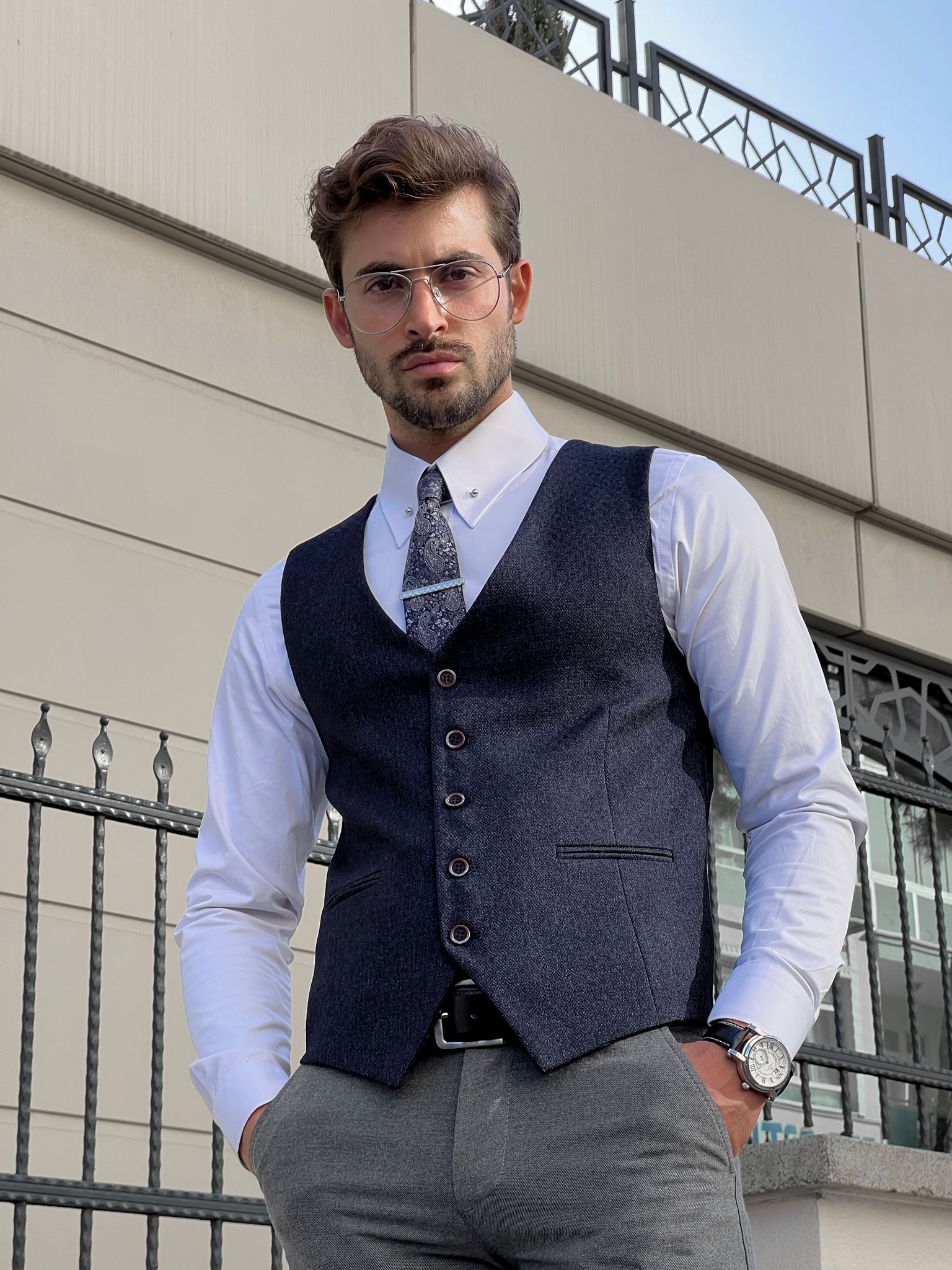 Bojoni Astoria Slim Fit Navy Blue Woolen Vest