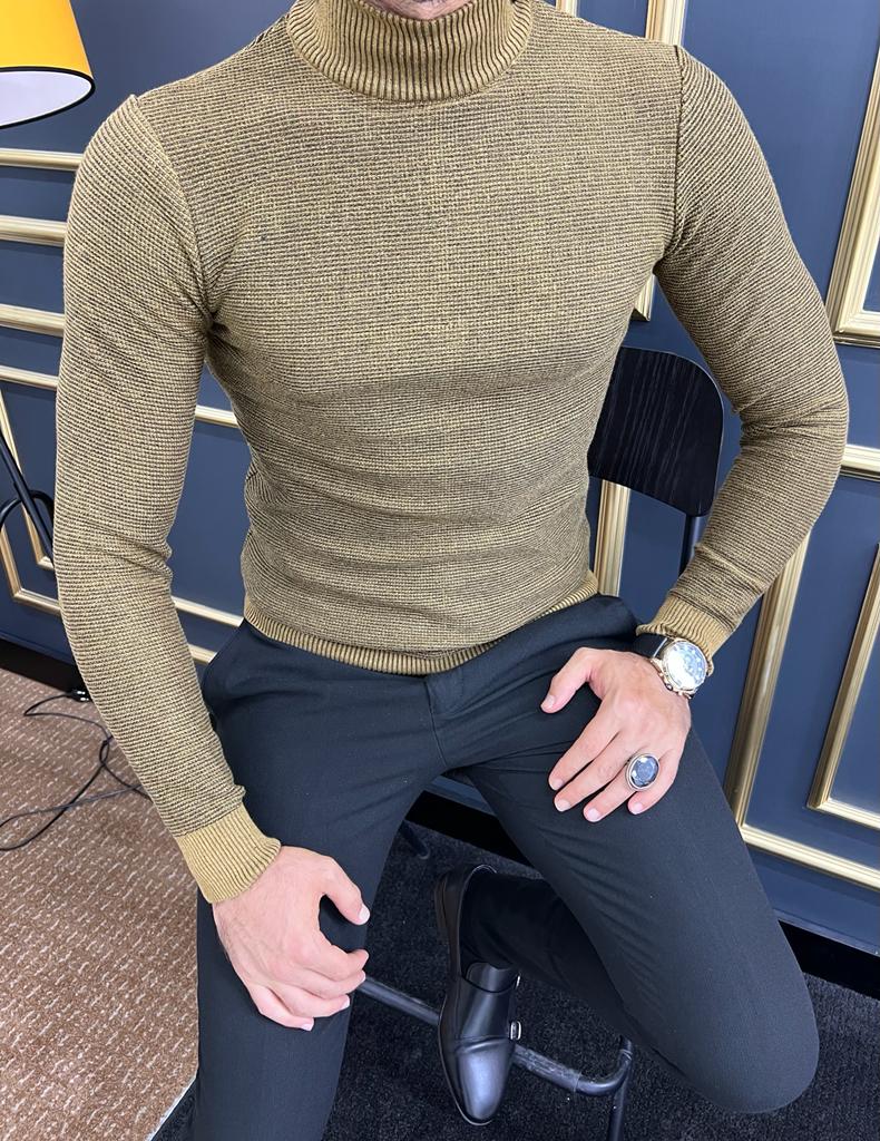 Thread Slim Fit Custom Design Half Collared Camel Turtleneck