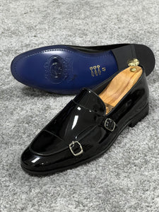 Louis Special Edition Neolite Sole Double Monk Shiney Leather Black Shoes