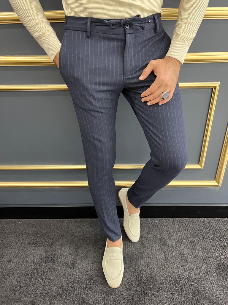 Thread Slim Fit Rope Detailed Dark Blue Stripe Trousers