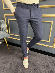 Thread Slim Fit Rope Detailed Dark Blue Stripe Trousers