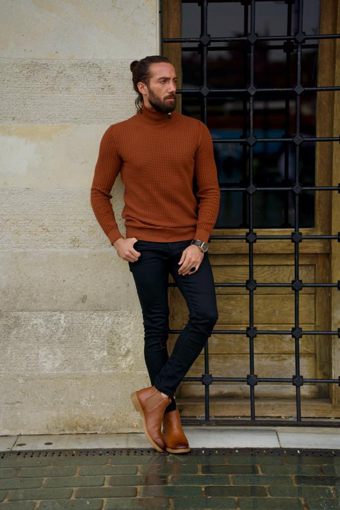 Bojoni Astoria Slim Fit Camel Turtleneck Sweater