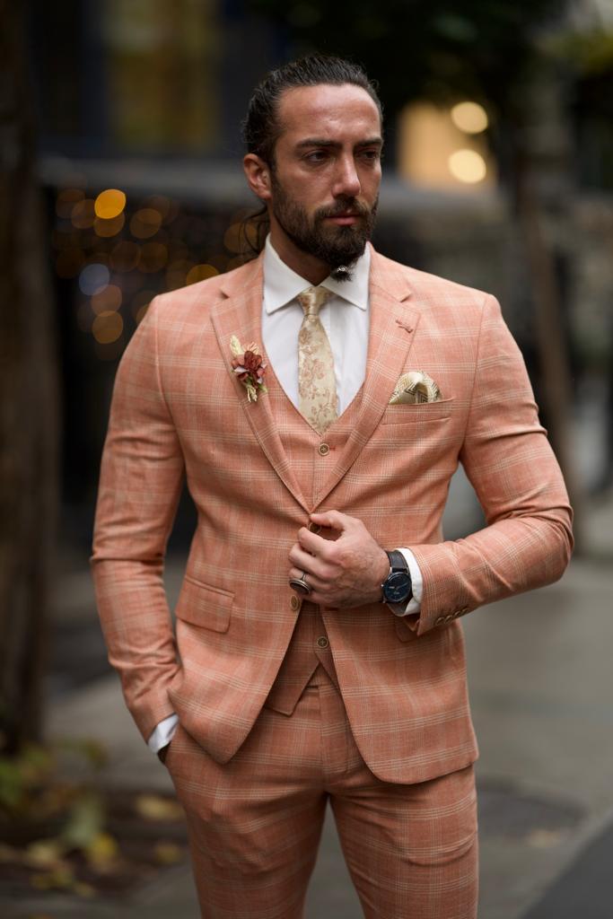 Bojoni Shagori Slim Fit Plaid Striped Tile Suit