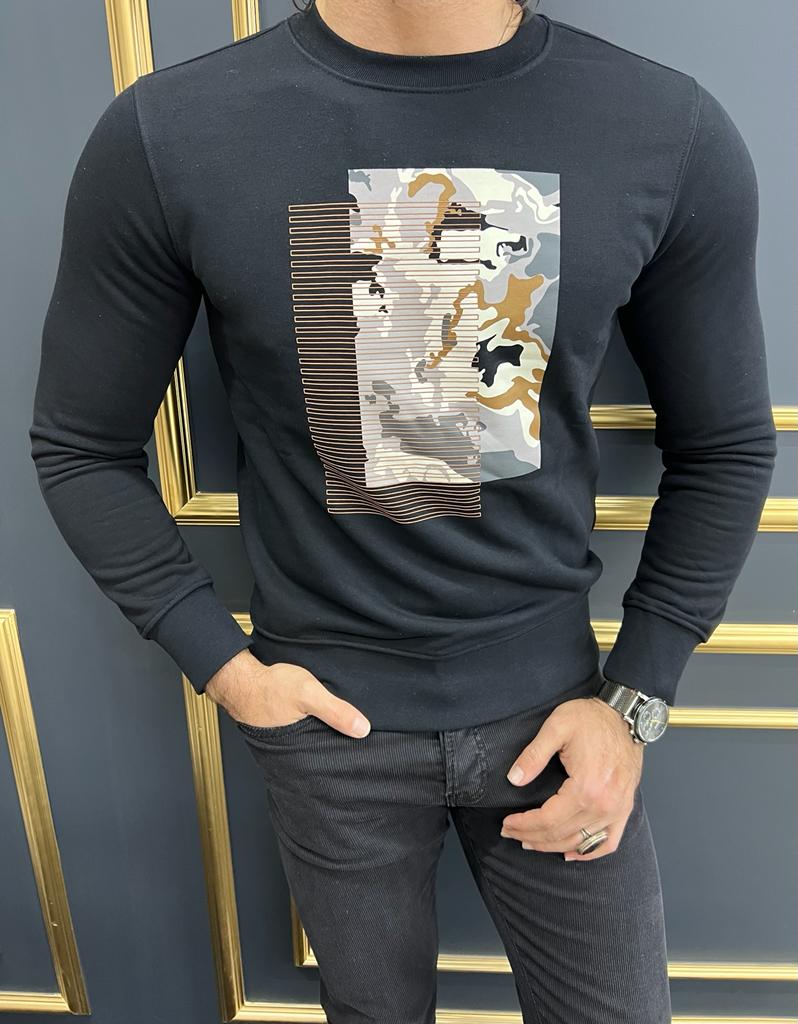 Rick Slim Fit Printed Crew Neck Black Sweater