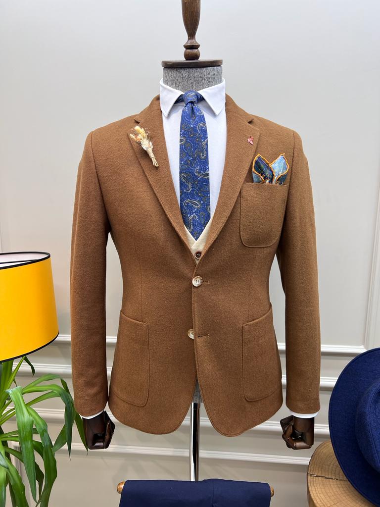 Rick Slim Fit Baroncelli Special Italian Fabric Stamped Camel Woolen Blazer