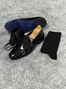 Louis Special Edition Neolite Sole Double Monk Shiney Leather Black Shoes