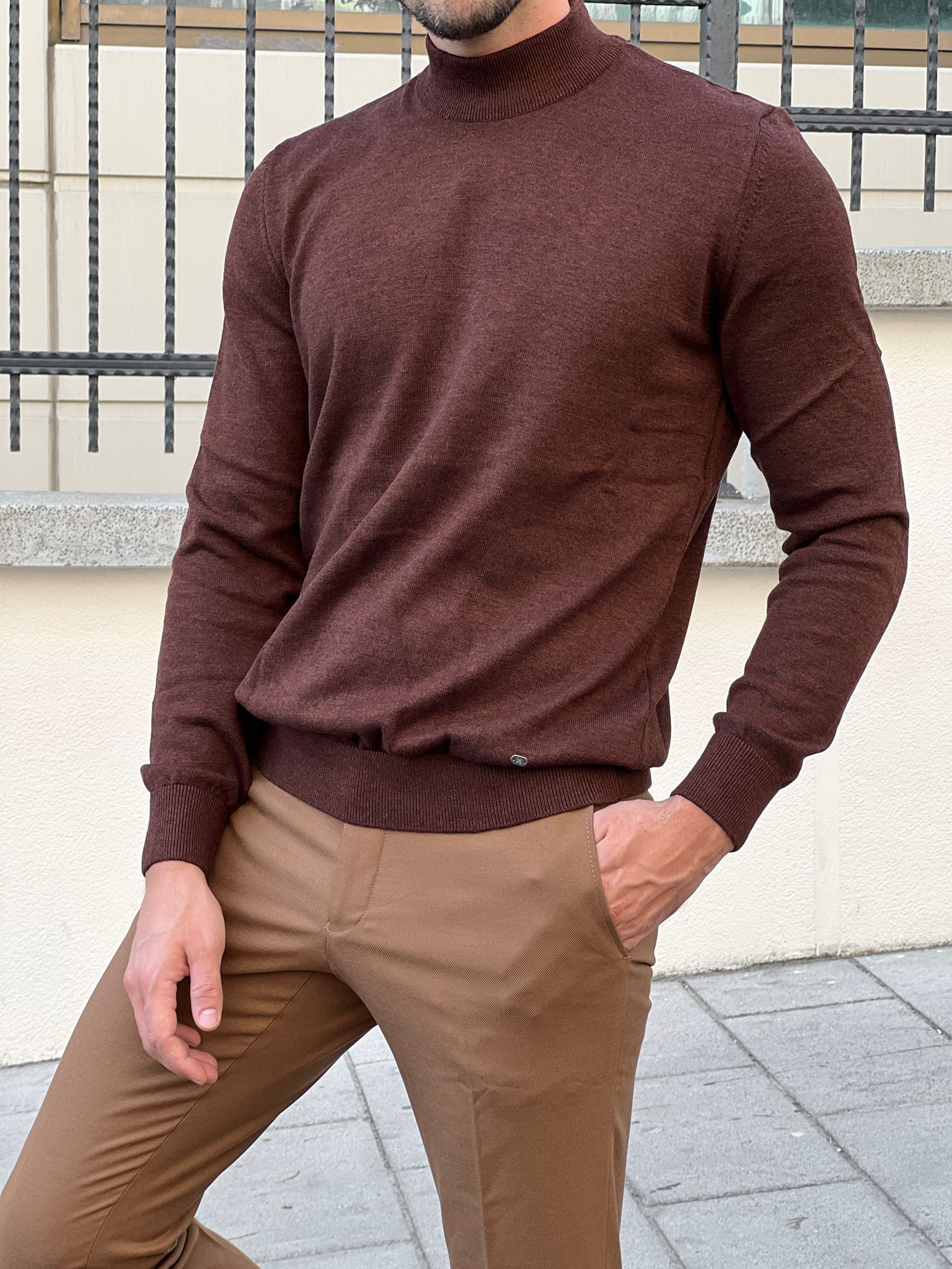 Bojoni Astoria Slim Fit Brown Turtleneck Sweater