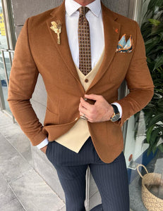 Rick Slim Fit Baroncelli Italian Fabric Stamped Camel Blazer