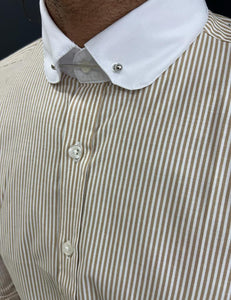 Leon Slim Fit Baby Collared Beige Striped Shirt
