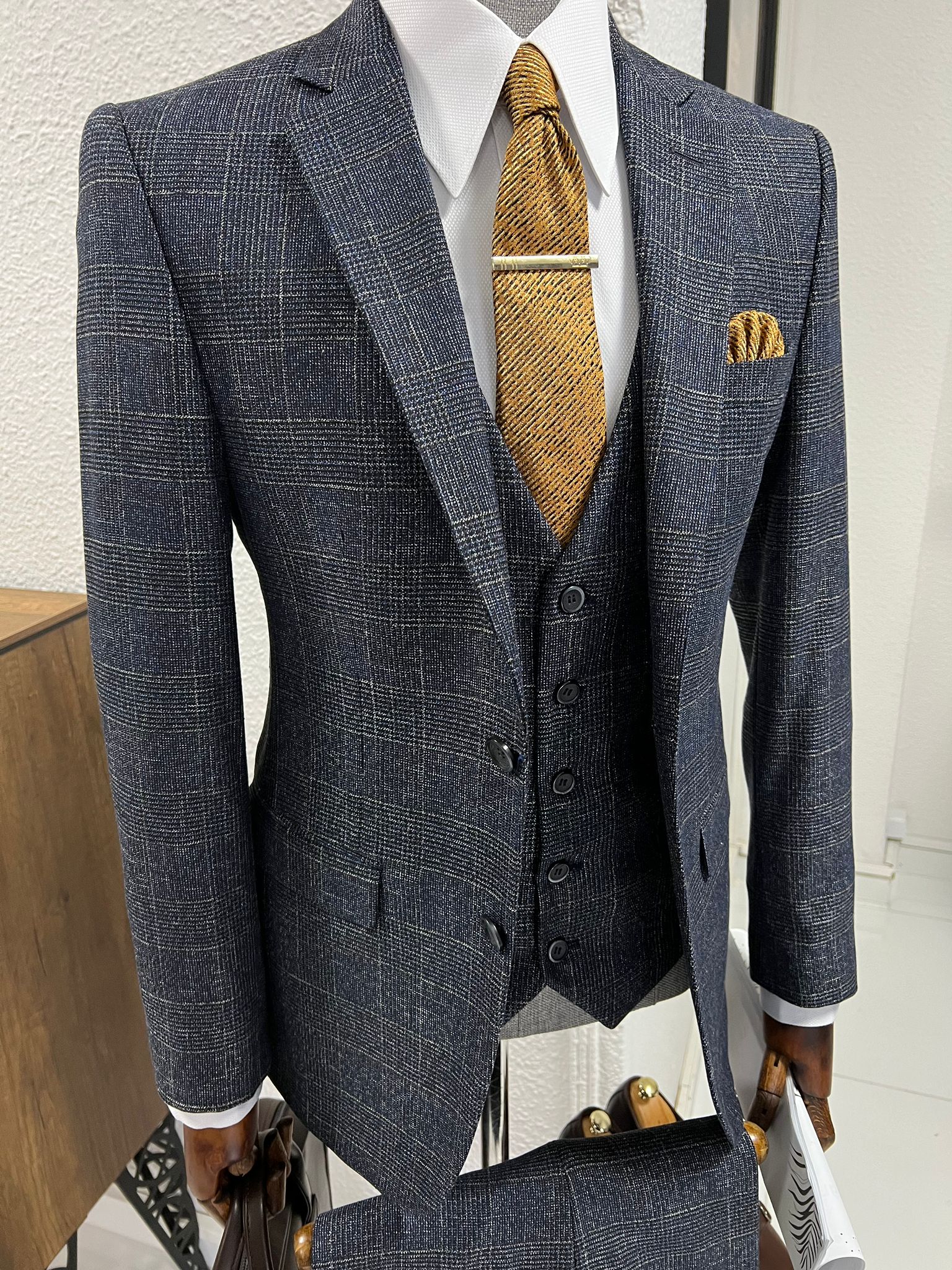 Louis Slim Fit High Quality Navy Plaid Suit