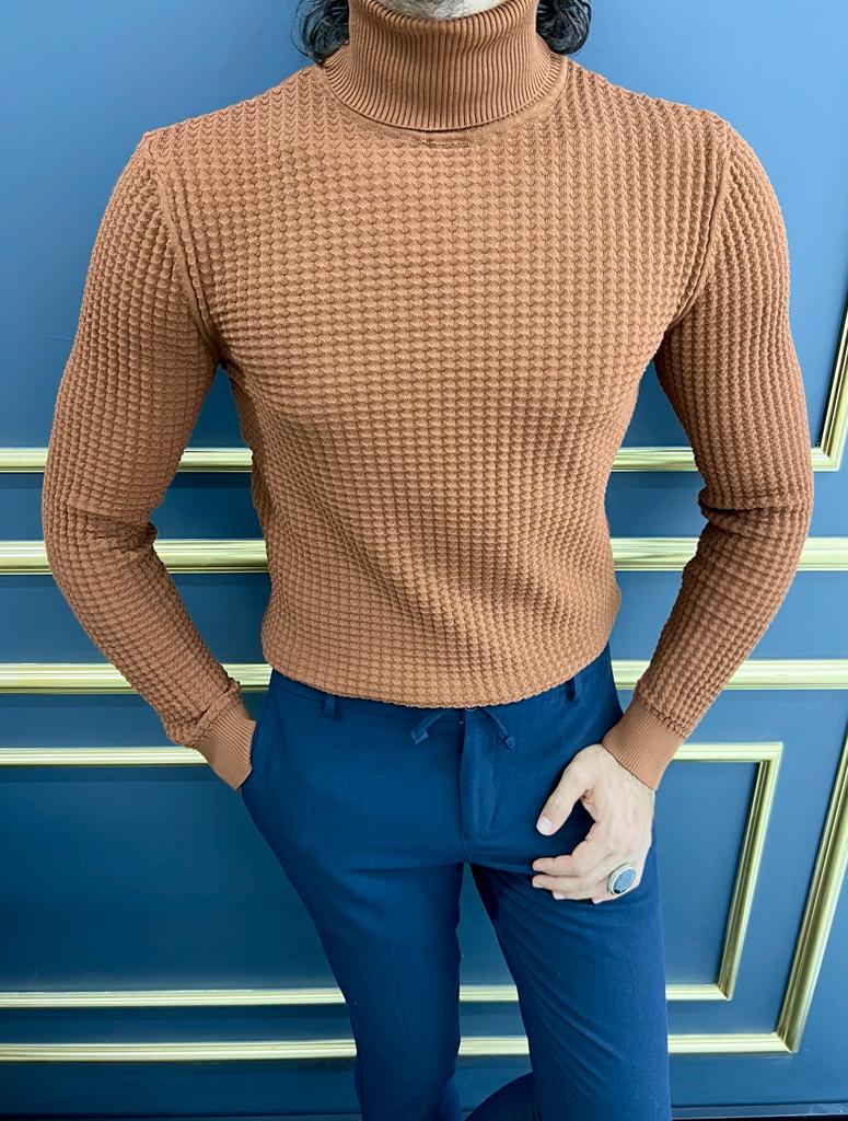 Thread Slim Fit Custom Design Half Collared Textured Camel Turtleneck