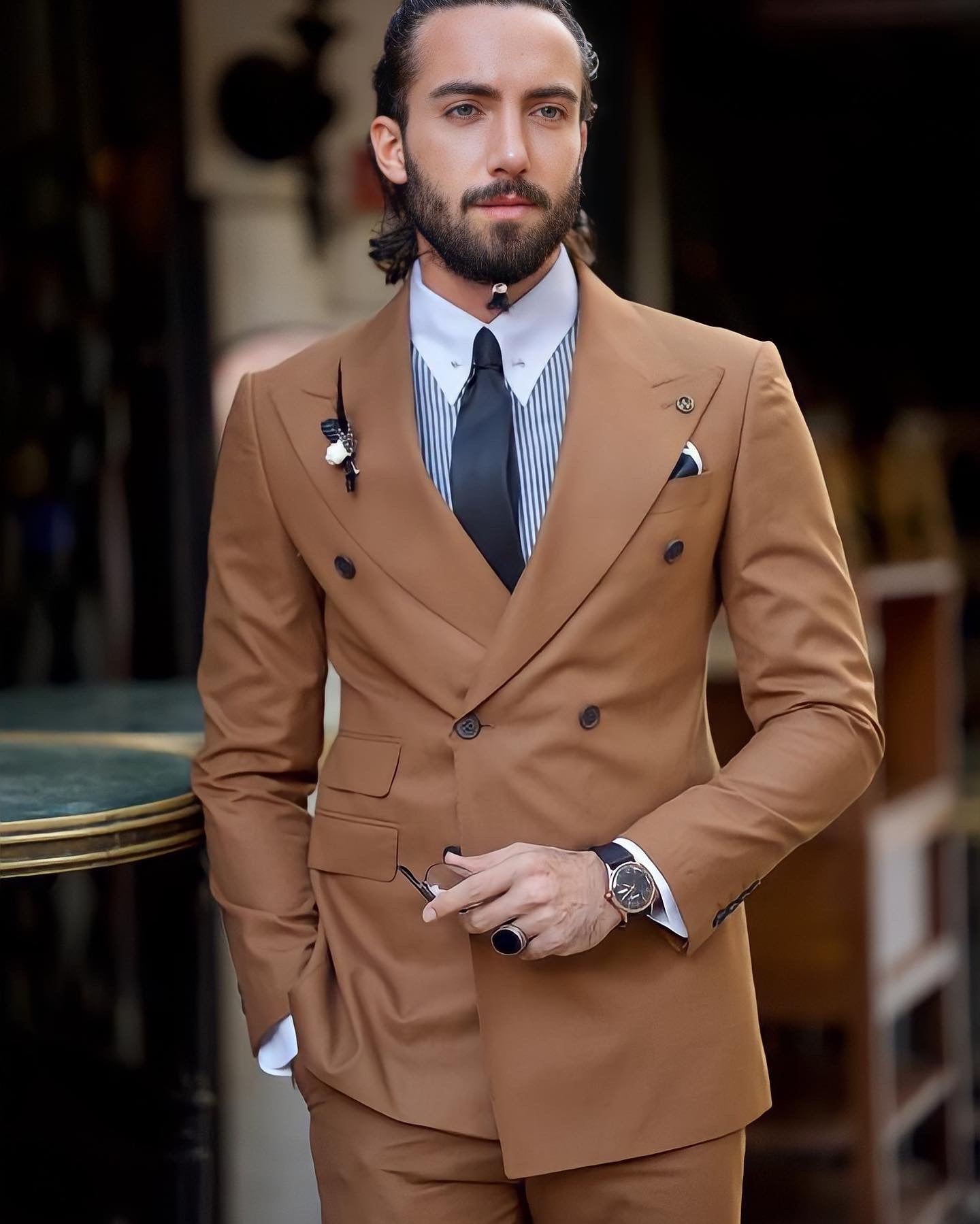 Bojoni Astoria Slim Fit Camel Double Breasted Suit
