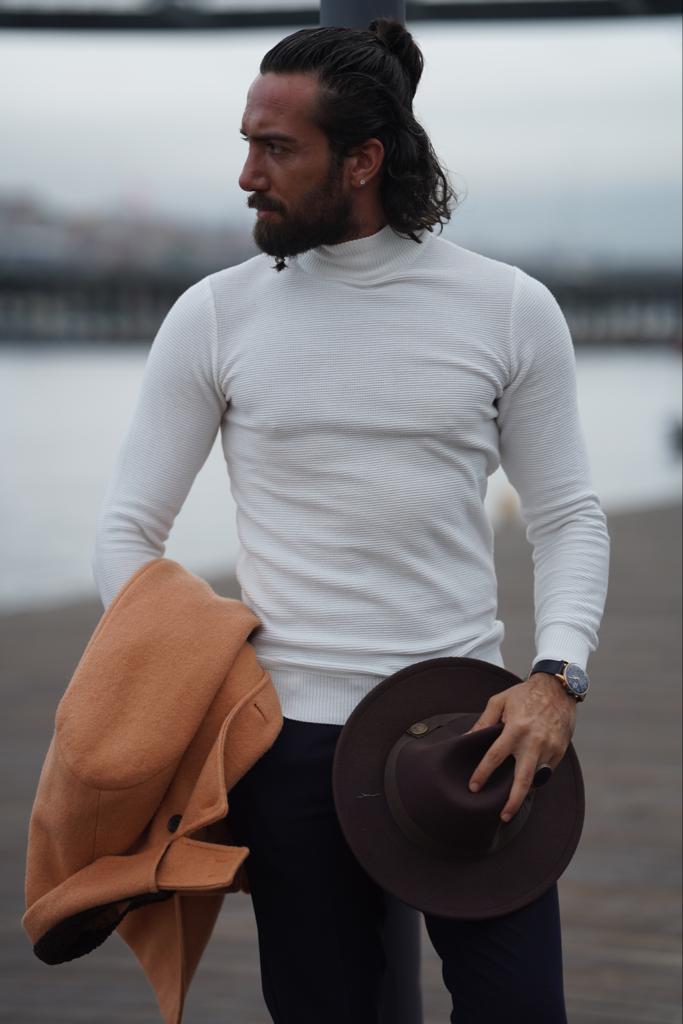 Thread Slim Fit Custom Design Half Turtleneck White Sweater