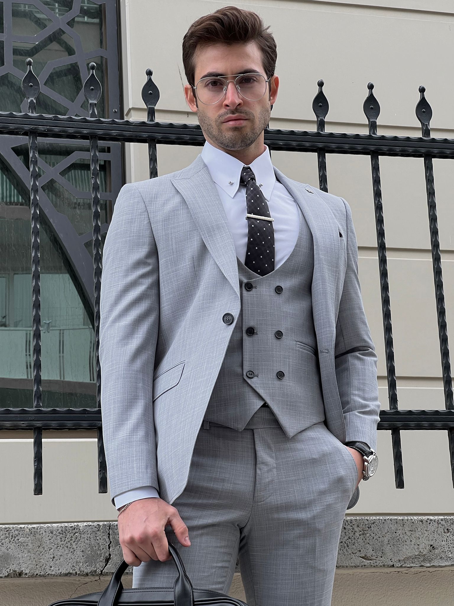 Louis Slim Fit Self Patterned Gray Suit