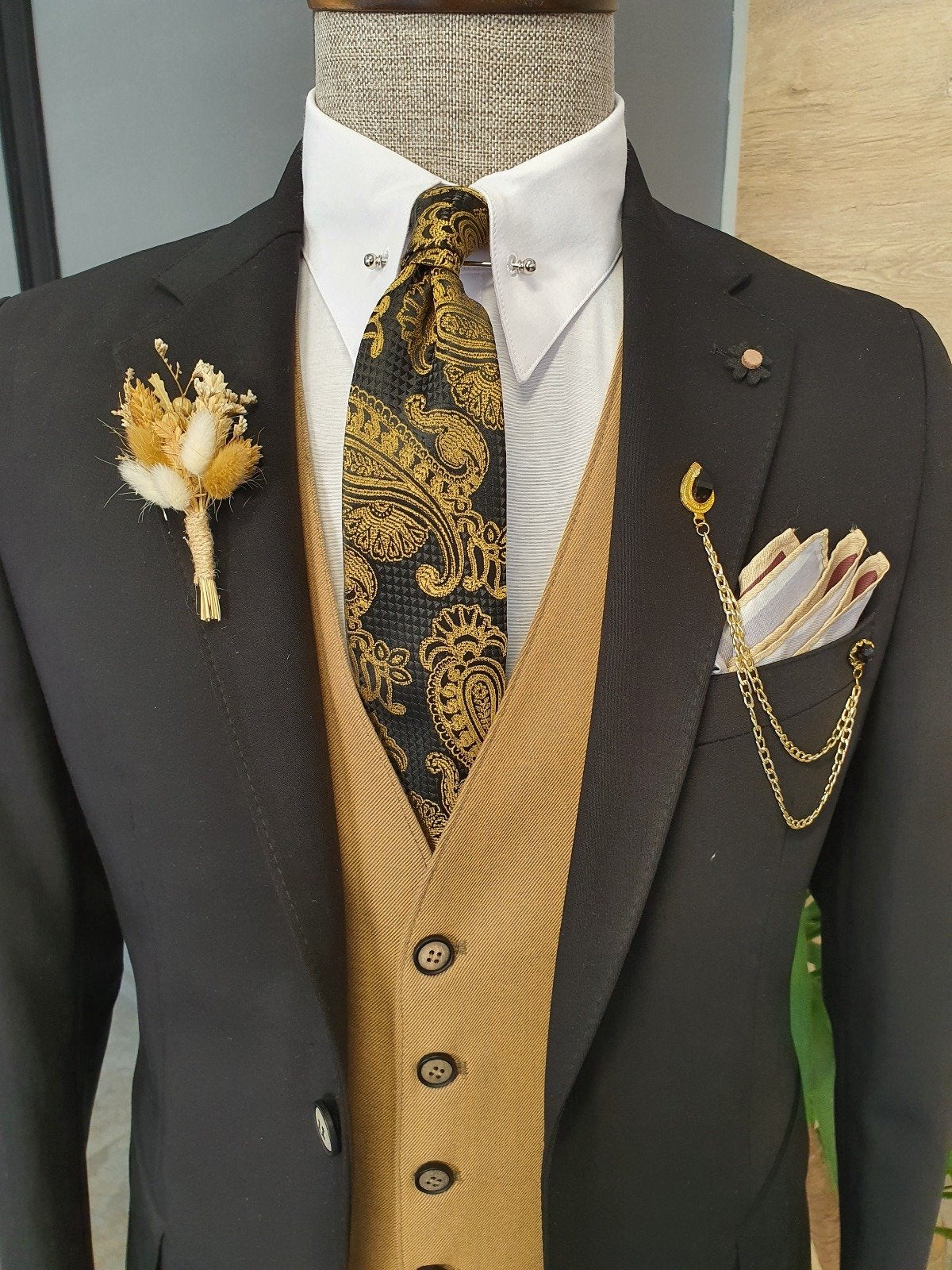 Giotto Black Beige Slim Fit Notch Lapel Linen Suit-baagr.myshopify.com-suit-BOJONI