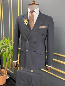 Rick Slim Fit Striped Double Breasted Blue Suit