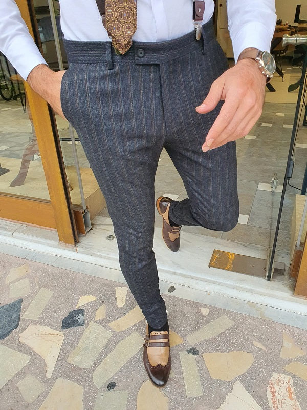 Verno Dark Blue Slim Fit Striped Pants-baagr.myshopify.com-Pants-BOJONI